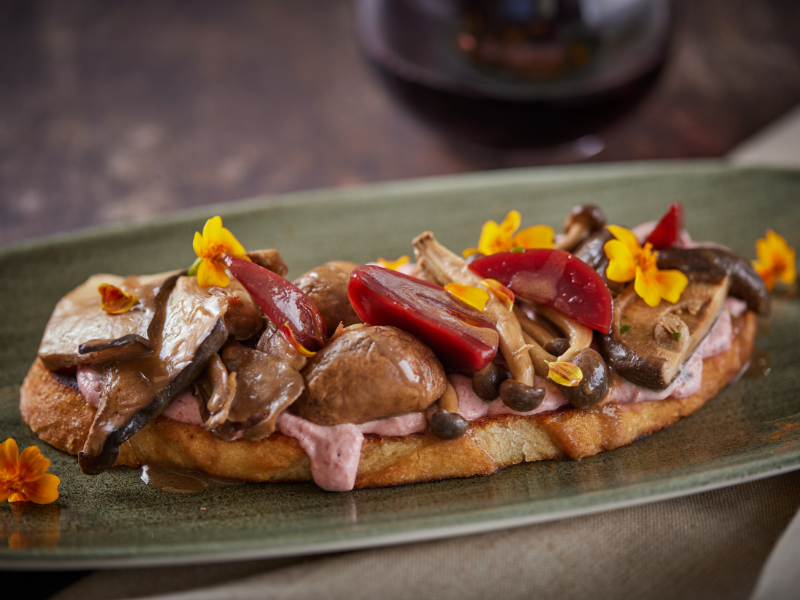 Foraged Mushroom Whipped Beet Ricotta Bruschetta